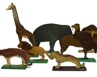 Vintage handmade wooden animal figurines, Vintage hand carved and painted zoo animal small statues, Vintage wooden animal figurines