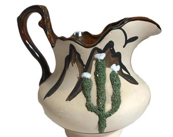 Vintage Dobe Mountain handgeschilderde gesigneerde kleine keramische kan, Dobe Mountain unieke kleine kan met cactusstructuur met textuur