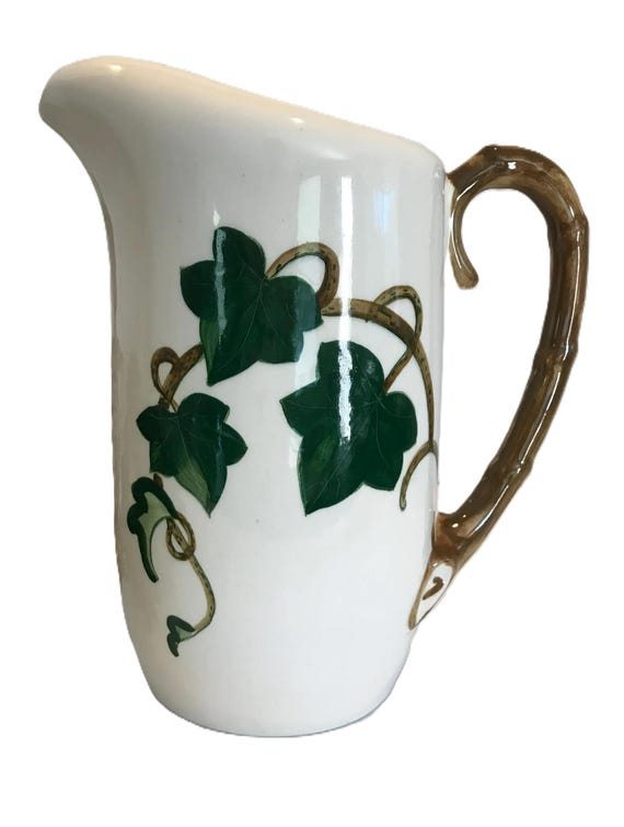 Vintage kalifornische Keramik Poppy Spur Keramikkrug, Vintage Metlock California Keramik großer Servierkrug, weißer und grüner Krug