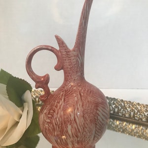 Vintage small 7.25&quot; vase, Vintage hand painted petite vase, Red feather painted porcelain vase, Vintage hand painted red pitcher vase