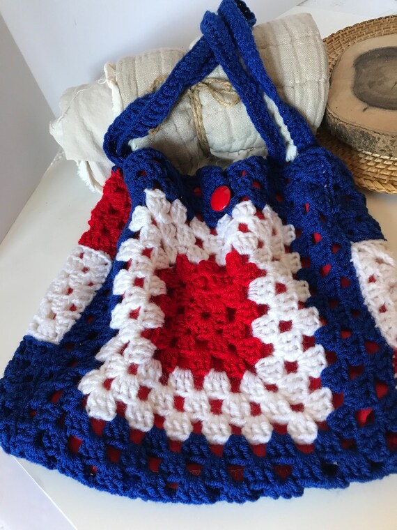 Vintage woven knit crochet purse, handbag, tote r… - image 9