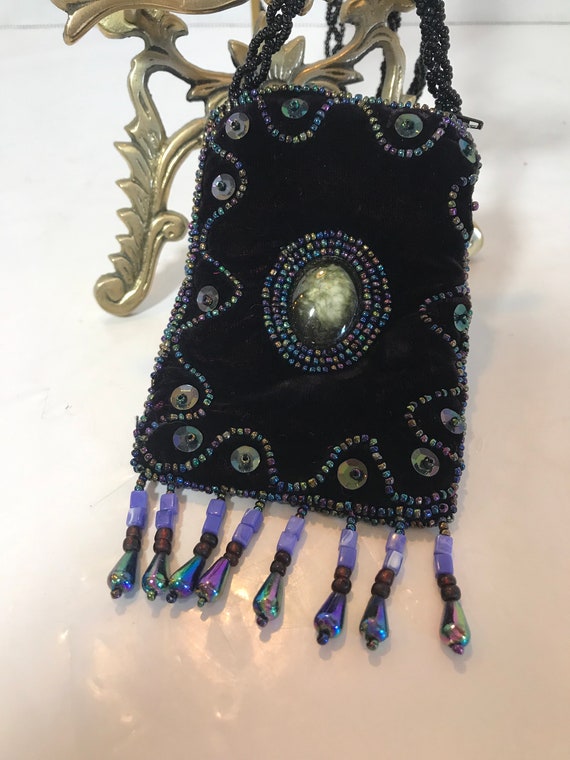 Vintage velvet necklace purse, Vtg velvet and bea… - image 10
