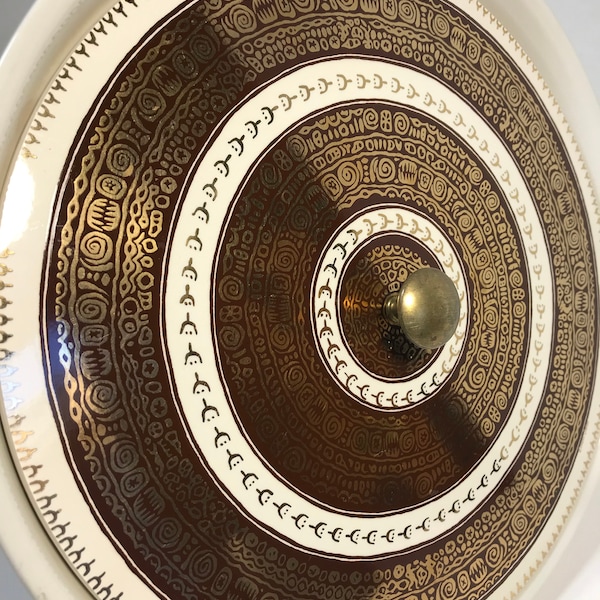 Ernest John Creations Mid-Century baking dish with gold accent details; MCM Ernest John White covered dish