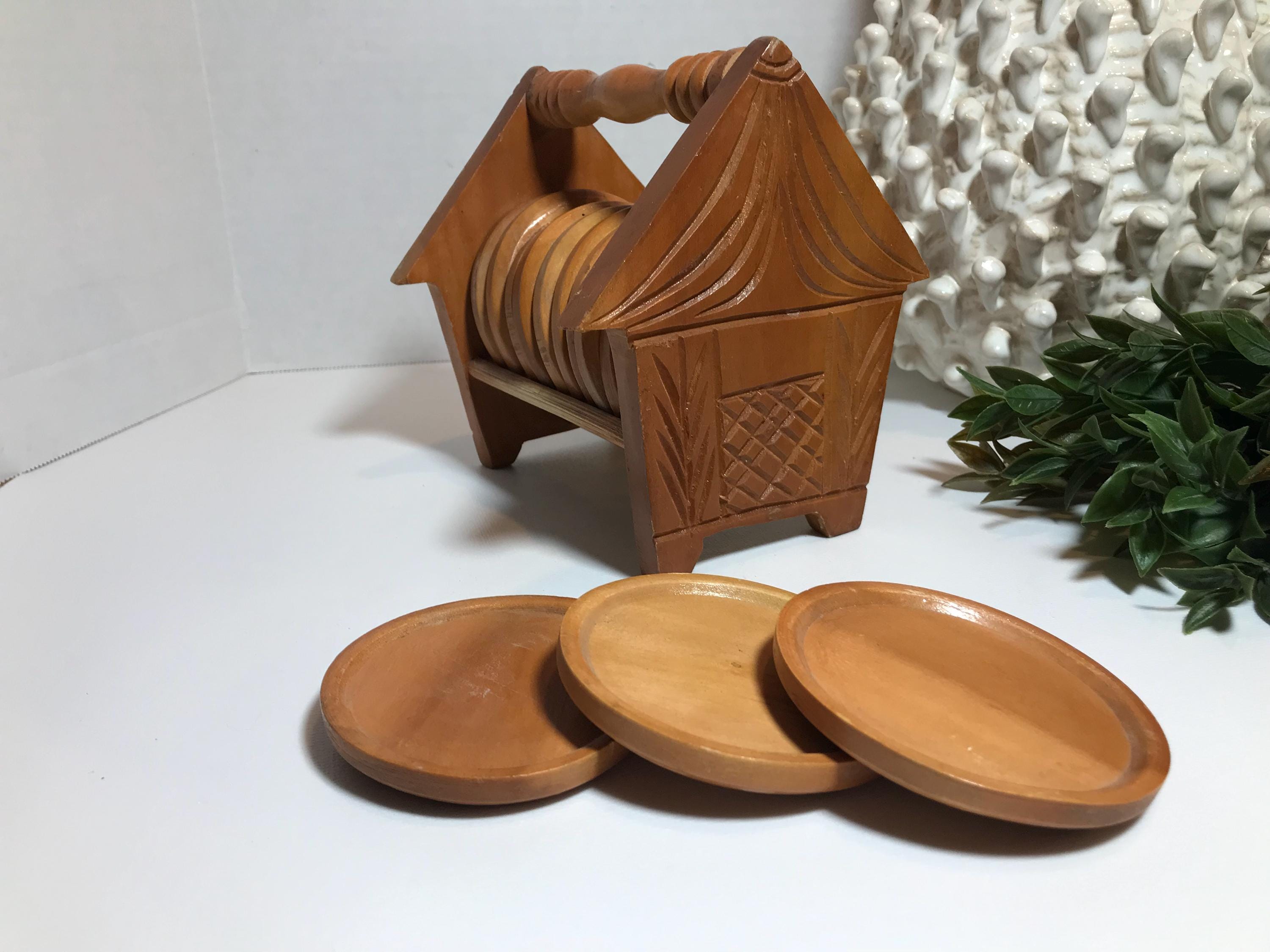 Vintage Wooden Hut and Coaster Set, Vintage Carved Wooden Coasters and ...
