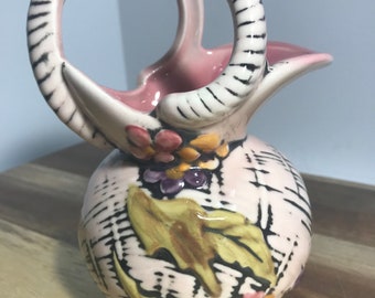 Vintage 1955 Hull Pottery pink floral basket, Vintage MCM Hull pottery pink planter, Vintage pink Hull 50s pottery ceramic vase planter