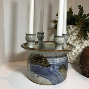 Art pottery unique candle holder dish, signed, ceramic studio pottery large candle holder with center bowl, glazed studio pottery signed