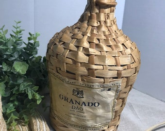 Vintage Granado DAO wicker wrapped large wine bottle, Vintage Granado Portugal wicker wrapped large wine bottle with handle