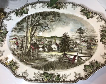 Vintage Johnson Brothers England The Friendly Village transferware 20" serving platter, Johnson Bros Friendly Village brown transferware.