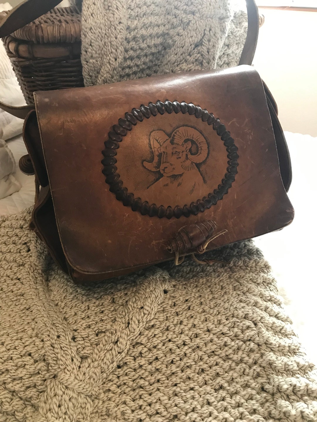 Vintage Worn Old Leather Saddlebag Western Bag With Ram Woven Etsy