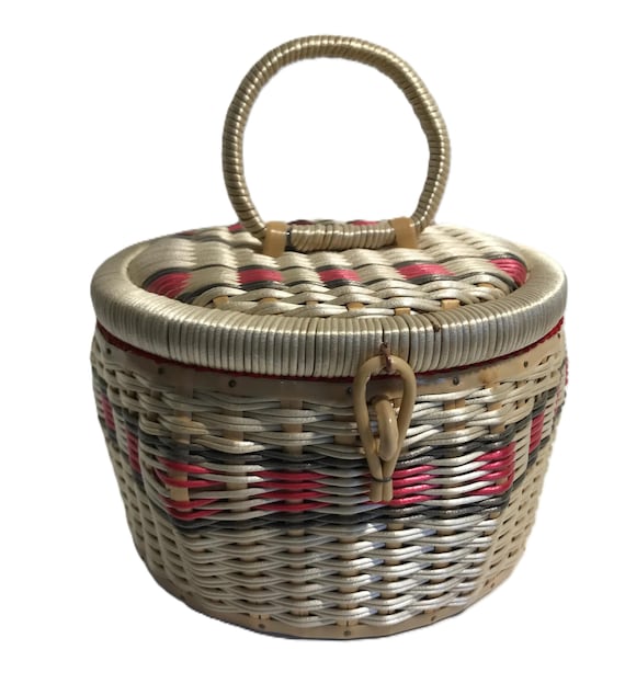 Vintage 1950s Sewing Basket Made in Japan, Vintage Plastic Weave