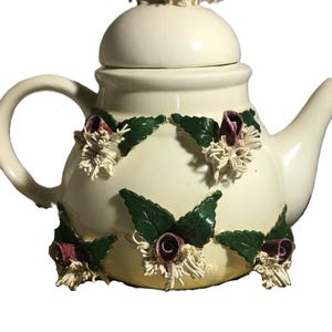Vintage Victorian style artisan unique teapot, Bows and Ivy white handmade teapot with raised rosette leaf floral detail, romantic teapot