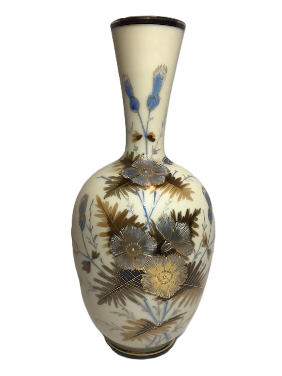 Antike viktorianische Bristol Glas handbemalte Vase, viktorianische blumige handbemalte Glasvase, Vintage Blumenvase, englische Landhausvase