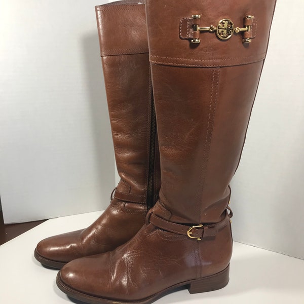 Tory Burch brown leather riding boots, Size 10M Tory Burch knee high brown boots, Tory Burch gold logo brown leather riding boots