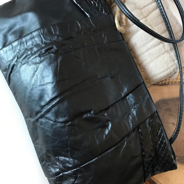 Vintage 80s Mark Alexander black genuine leather and snakeskin handbag purse clutch bag, Vintage 1980s black leather clutch purse