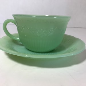 Vintage Jadite glass coffee cup and saucer set, vintage Fire King oven ware coffee cup and underplate, Jadite green glass coffee cup mug