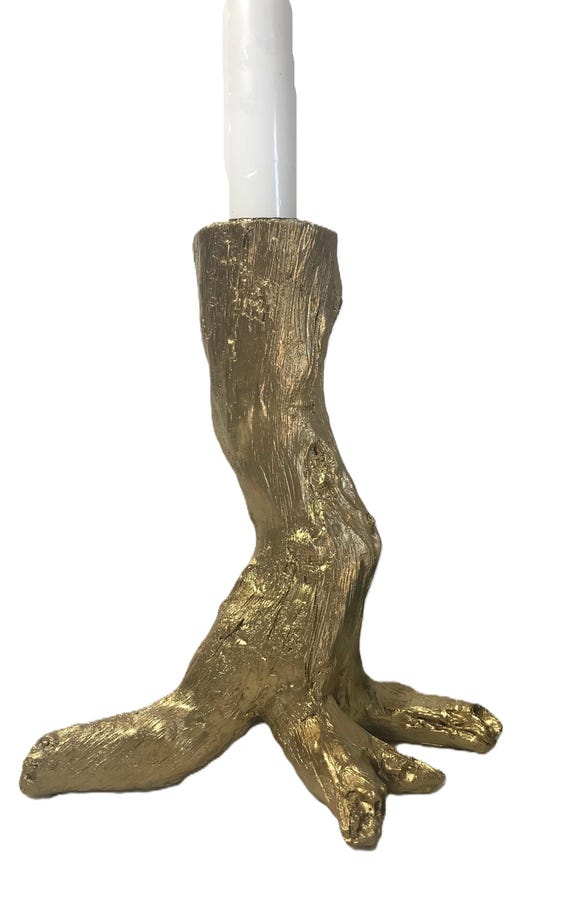 Einzigartiger goldener Baumstamm-Kerzenhalter, Vintage-Gold getönter Baumkerzenhalter mit organischem Look, Vintage-Kerzenhalter aus einem Baumstamm