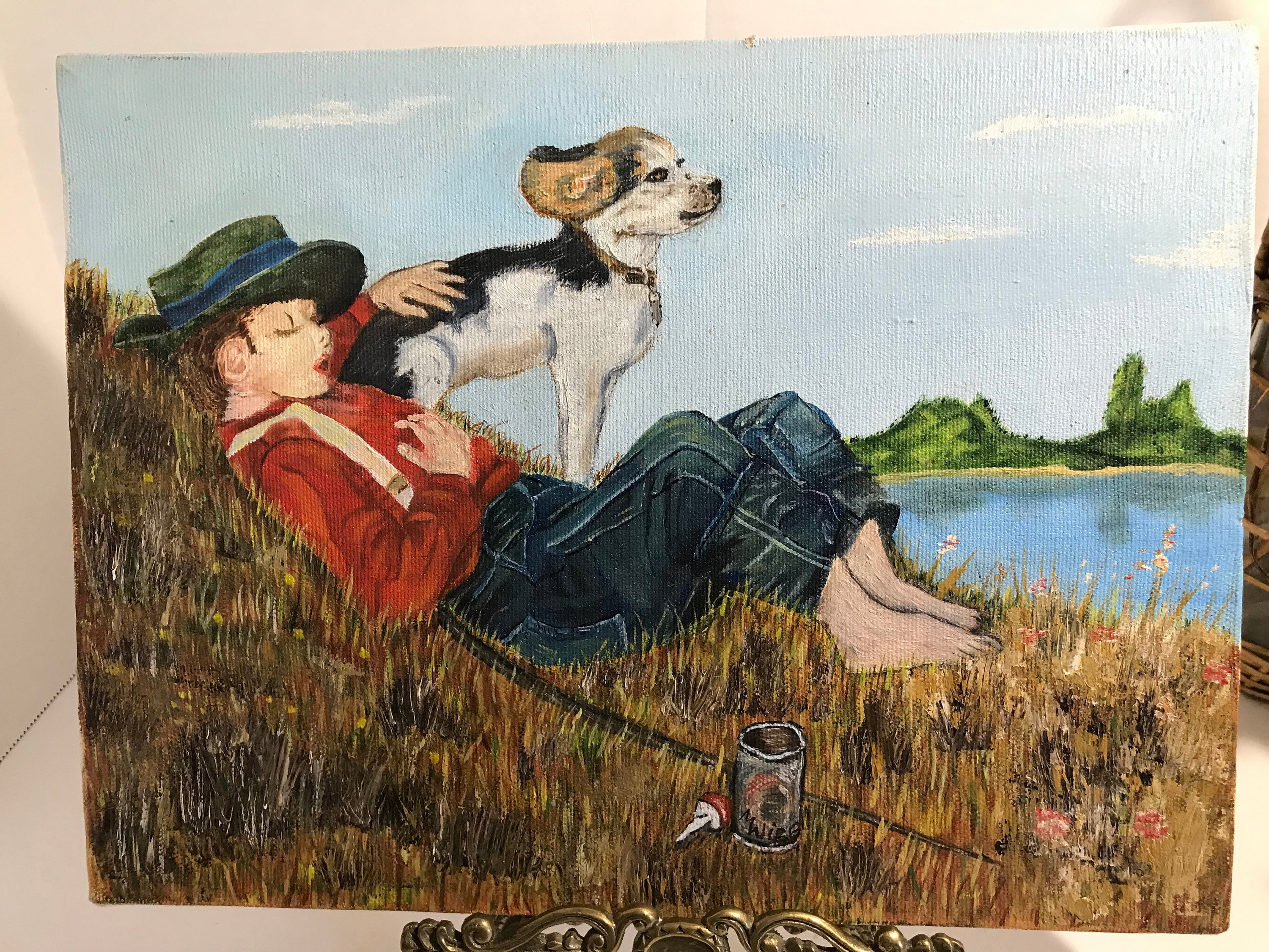 Little boy holding dog cheap painting