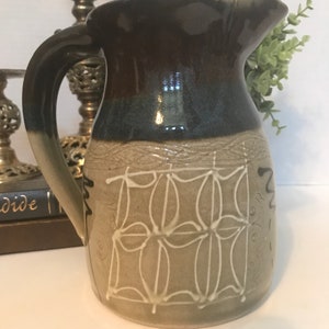 Vintage art pottery pitcher signed, Artist signed stoneware pitcher, Ceramic glazed pitcher signed, stoneware pitcher, boho ceramic pitcher