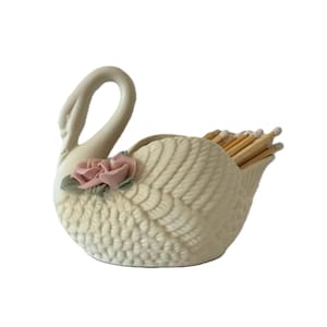 Vintage Ivory Porcelain Swan Match Holder or Trinket Dish – Applied Pink Flower Detail, Off White Ceramic Swan Figurine image 1