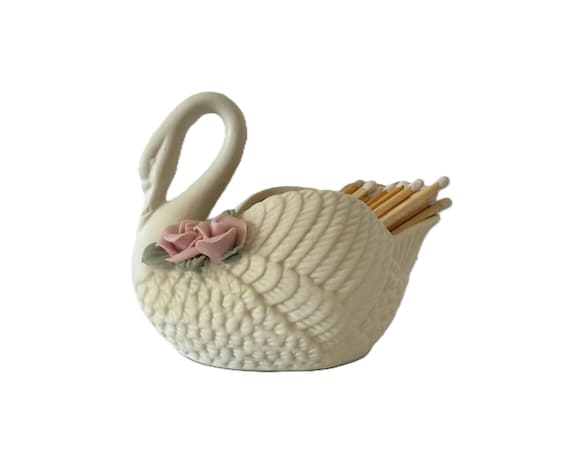 Vintage Ivory Porcelain Swan Match Holder or Trinket Dish – Applied Pink Flower Detail, Off White Ceramic Swan Figurine