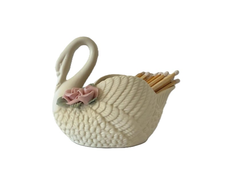 Vintage Ivory Porcelain Swan Match Holder or Trinket Dish – Applied Pink Flower Detail, Off White Ceramic Swan Figurine image 1