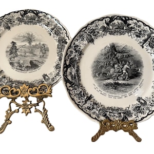 Vintage Villeroy & Boch Mettlach Saar Wall Plates No. 4 and 5, 8.25" Black and White Porcelain Hunting Scene Plates