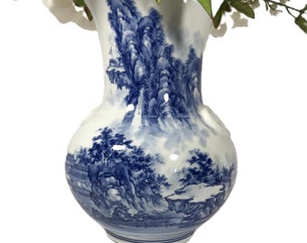 Vintage Japanese Arita Ware Vase, Hand Painted Blue and White Porcelain Vase, Signed Large Japanese Vase, Japanese Landscape Art Pottery