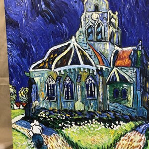 May include: A painting of a church with a tall steeple and a blue sky. The church is painted in a style reminiscent of Vincent van Gogh, with swirling brushstrokes and bright colors.