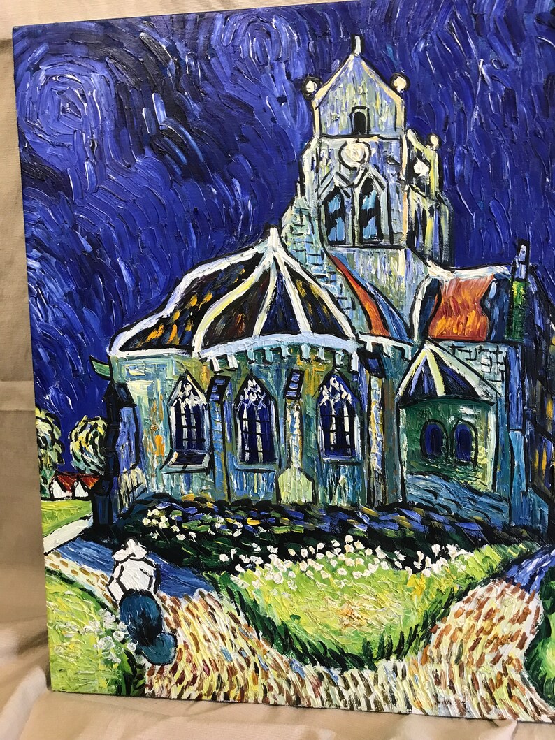 May include: A painting of a church with a tall steeple and a blue sky. The church is painted in a style reminiscent of Vincent van Gogh, with swirling brushstrokes and bright colors.