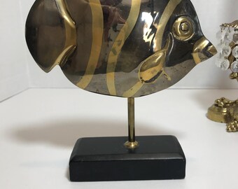 Vintage Brass and Silver Fish Sculpture, Vtg Silver Metal and