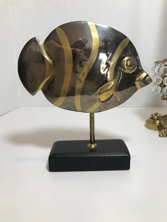 Vintage Brass and Silver Fish Sculpture, Vtg Silver Metal and