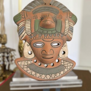 Vintage terracotta wall mask, hand-painted red clay pottery face, artisan Mexico wall decor in Mayan-style design image 7