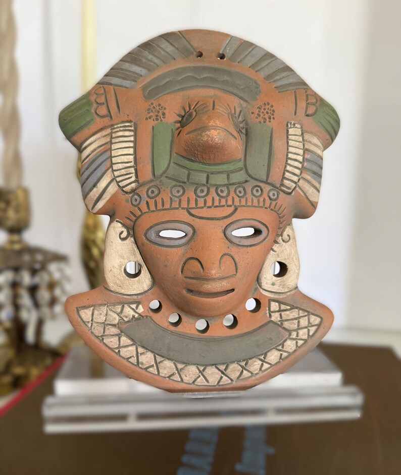 Vintage terracotta wall mask, hand-painted red clay pottery face, artisan Mexico wall decor in Mayan-style design image 7