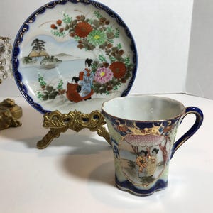 Vintage Kutani hand painted porcelain cup and saucer, Kutani eggshell porcelain hand painted teacup set, Elegant Chinoiserie tea cup saucer