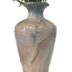 Peggy Steffes studio art pottery, Steffes ceramic drip glaze vase, signed, Peggy Steffes signed art pottery glazed purple toned vase.