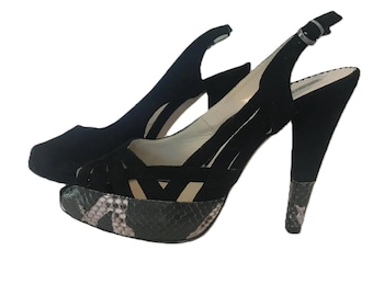 Vintage Emporio Armani suede slingback shoes, size 38.5 (8.5 US), Emporio Armani black suede and snakeskin cutout platform slingback shoes