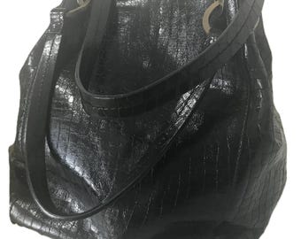 Vintage Donald Pliner Couture black purse, Donald Pliner Couture black leather bucket bag, Donald Pliner Couture embossed leather large tote
