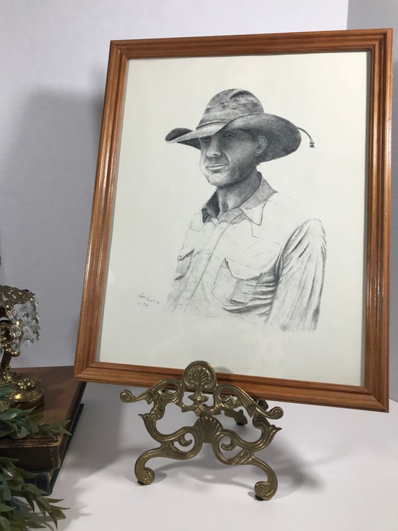 Vintage Original Sketch of Grinning Cowboy Wall Art, Signed by