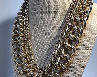 Vintage gold toned triple chain large statement necklace, Vintage costume jewelry chain necklace, Vintage heavy layered gold chain necklace