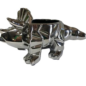 Unique ceramic Dinosaur planter, metallic ceramic cubism style Dinosaur planter, modern cubed dinosaur small planter, Jara style dinosaur