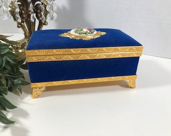 Vintage blue velvet trinket box, Gold and velvet cameo trinket and music box, elegant blue velvet jewelry box, Hollywood Regency trinket box
