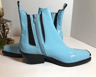 Botas Chelsea vintage Jeffrey Campbell de charol azul vibrante, talla 7.5, botas vintage Jeffrey Campbell de charol azul turquesa.