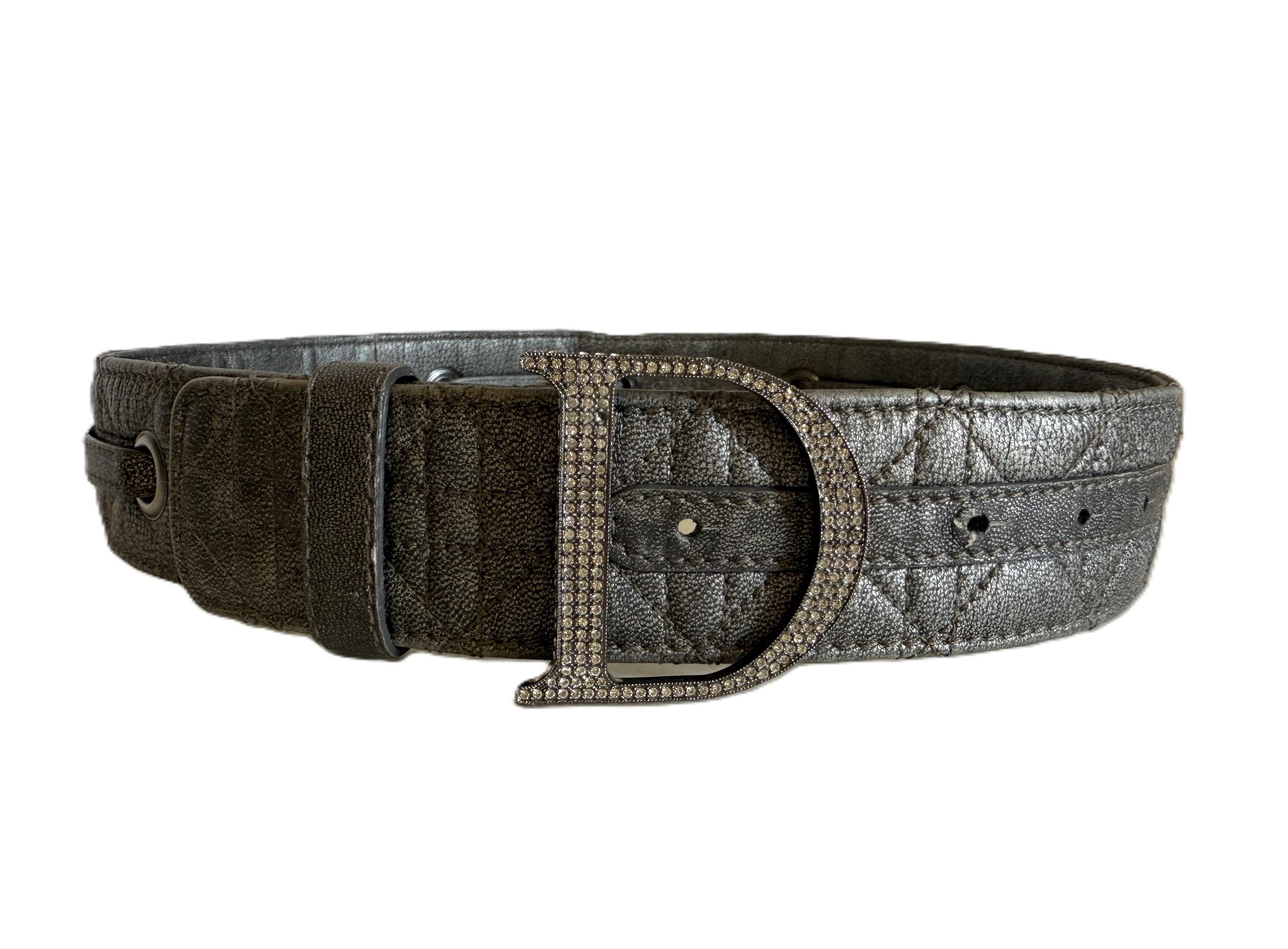 Vintage Christian Dior Quilted Leather Belt With Crystal D Buckle