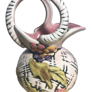 Vintage 1955 Hull Pottery pink floral bud vase, Mid Century Mod style ceramic pink planter with handle