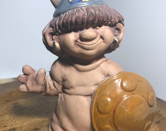 Vintage Eva Jarenskog ceramic troll figurine with shield and viking hat, Vintage Swedish Eva Jarenskog ceramic figurine