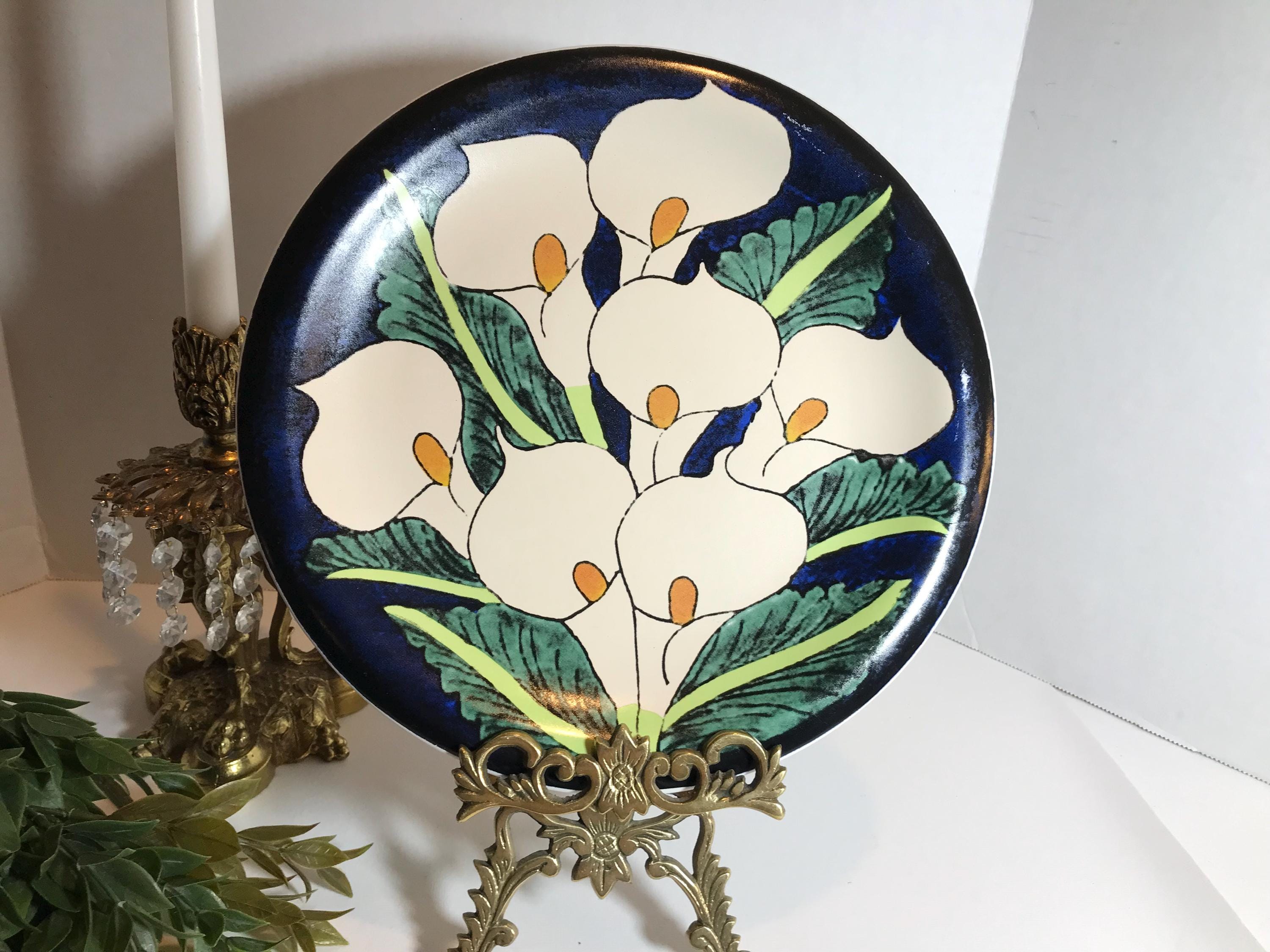 Vintage Hand Painted Ceramic Calla Lily Plate, Blue, White and