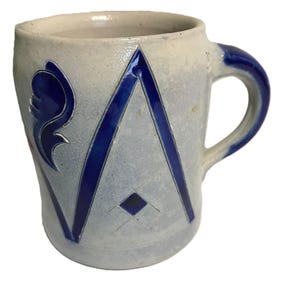 Handarbeit gray and blue clay pottery ceramic coffee mug, signed, Handarbeit coffee cup with blue glaze on gray natural base