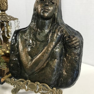 Vintage bronzed ceramic woman bust, signed by artist, Vtg 3 dimensional sculpture of girl, bronze sculpture of girl woman brushing hair