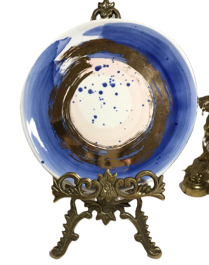 Anthropologie Lindsy Emery color swipe 7.25" plate, Anthropologie Suite One Studio organic shaped blue, gold, pink and white plate. image 1
