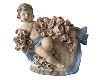 Vintage Czechoslovakian Porcelain Cherub Planter, 3D Floral Basket Vase with Bow, Art Nouveau Style